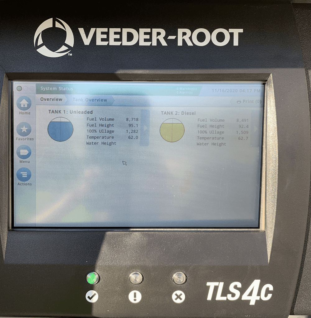 tank monitor display showing no alarms all functions normal